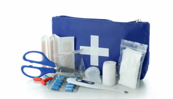 First aid medical kit isolated on white background